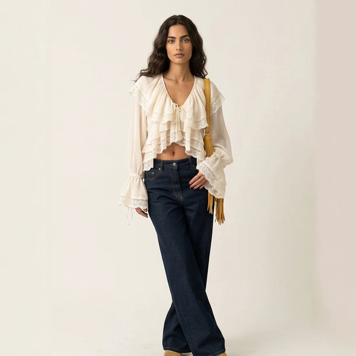 Damen Geraffte Spitzen‑Croptop‑Bluse mit Volants und V‑Ausschnitt Drune