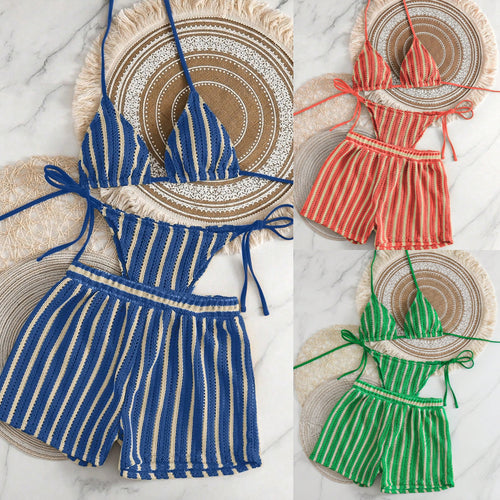 Damen Bikinikombination mit gestreiftem Design und lässigen Shorts Drune