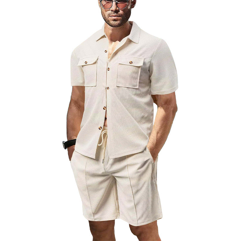 Herren nan modernes Kurzarm-Hemden-Set im Resortstil mit aufgesetzten Pattentaschen, offenem Reverskragen und Kordelzug-Bermuda aus Strukturjersey Drune