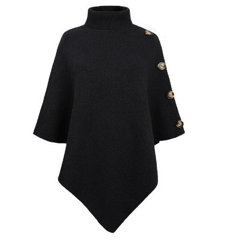 Damen Strick-Poncho mit steigendem Kragen und dekorativen Knopfdetails Drune