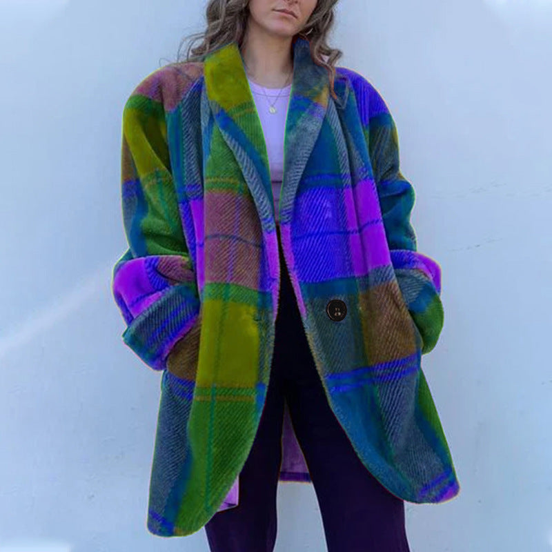 Damen Gemusterter Oversized Mantel mit Karodesign und weichem Material Drune