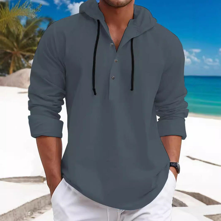Herren nan sommerliches Hoodie-Henley mit verdeckter Knopfleiste, Kordelzug und gerundetem Saum Drune