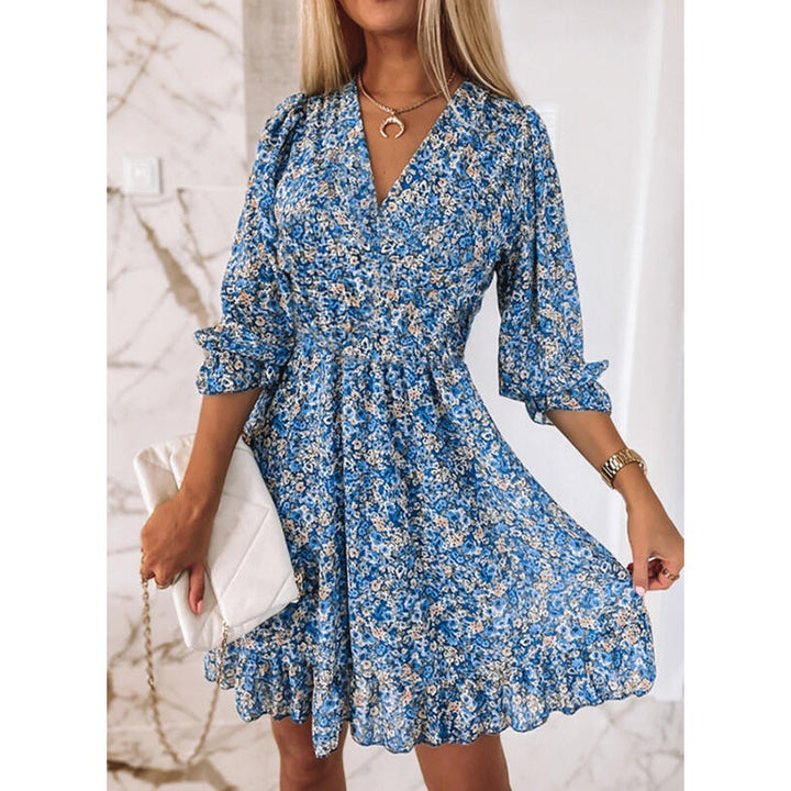 Damen Blusenkleid im romantischen Floral-Design mit V-Ausschnitt und Rüschenärmeln Drune