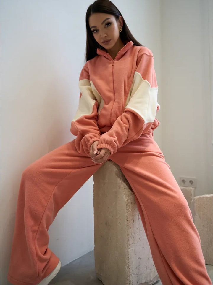 Damen oversized Reißverschluss-Fleecejacke mit Paneel-Details und weiter High-Waist-Loungehose Drune