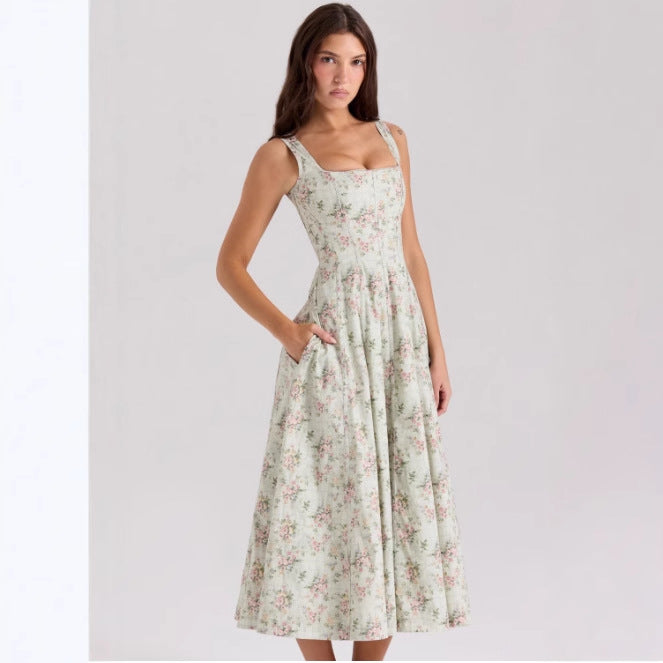 Damen Floral Maxikleid mit schmalen Trägern und seitlichen Taschen Drune
