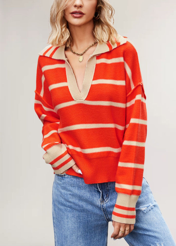 Damen lässiger Pullover mit V-Ausschnitt und gestreiftem Design Drune