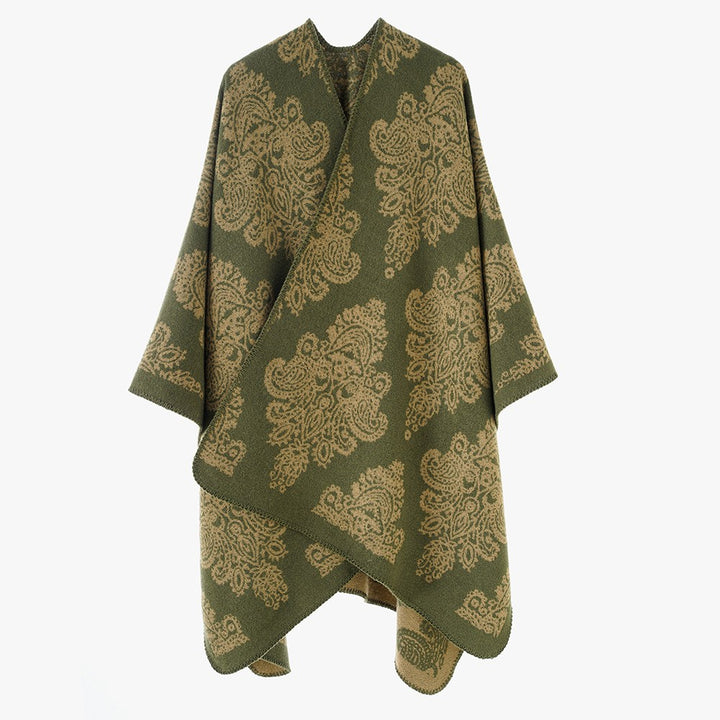 Damen Wollmix-Capeponcho mit beidseitigem Jacquard‑Paisley und kontrastierter Rollkante Drune
