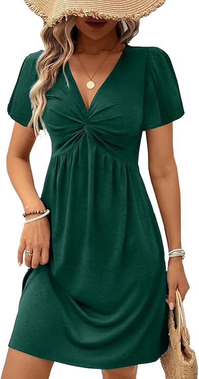 Damen lässiges Wickelkleid mit V-Ausschnitt und kurzen Ärmeln Drune