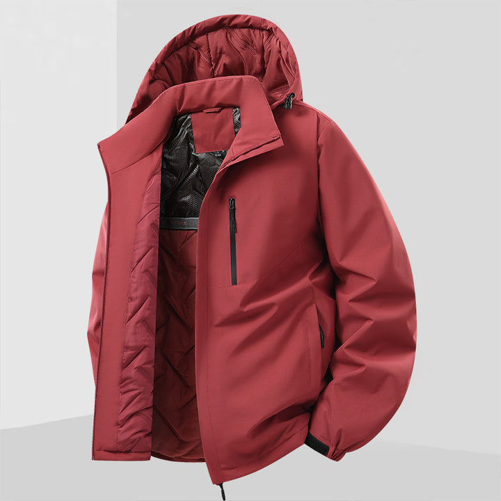 Herren Leichte isolierte Hybrid-Outdoorjacke mit Thermofutter, Kapuze und wasserdichten Reißverschlüssen Drune