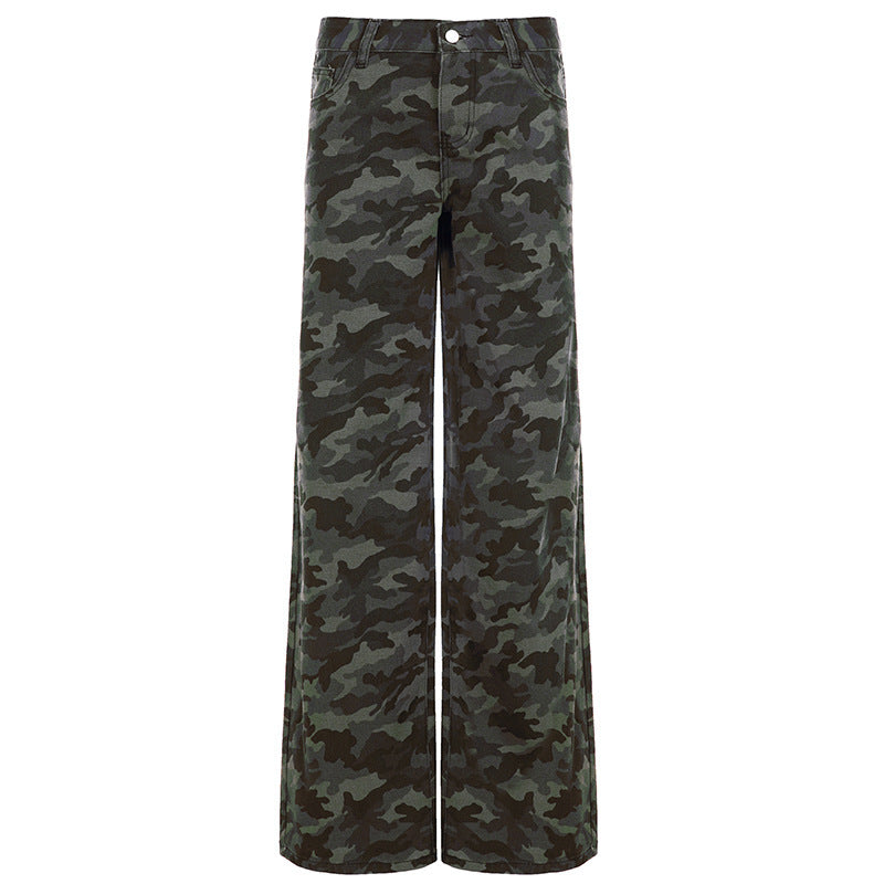 Damen Camouflage-Denim Schlaghose mit hoher Taille und weitem Bein Drune