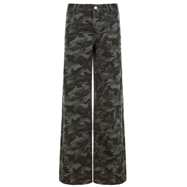 Damen Camouflage-Denim Schlaghose mit hoher Taille und weitem Bein Drune