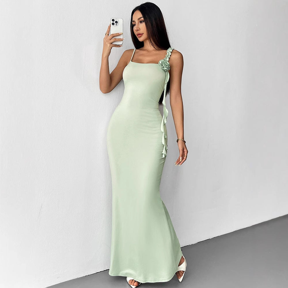 Damen Elegantes Maxikleid mit floralem Necktie und asymmetrischen Rüschen Drune