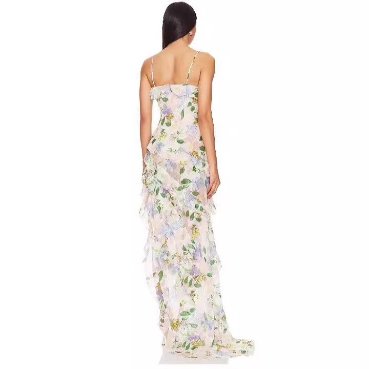 Damen Rüschenmaxikleid mit floralem Muster und tiefem Beinschlitz Drune