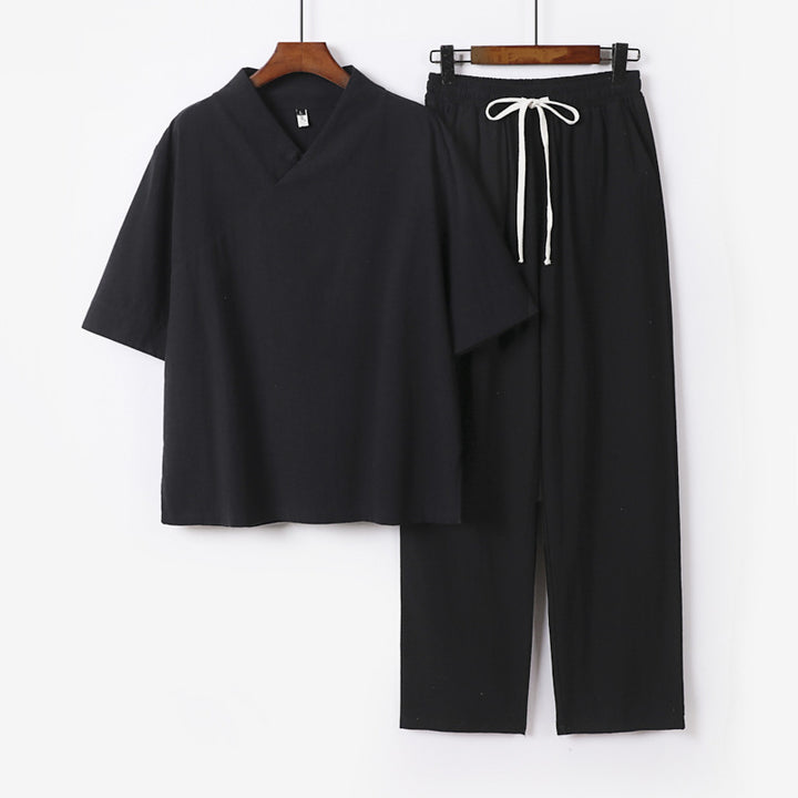 Unisex Leichtes Kimono-Loungewear-Set mit V-Ausschnitt und Tunnelzug-Hose Drune