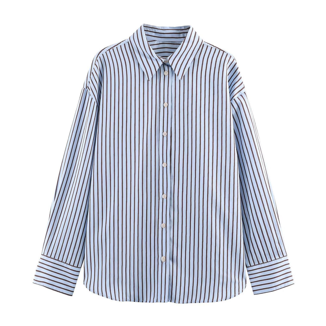 Damen Oversize Gestreifte Hemdbluse mit Kentkragen, durchgehender Knopfleiste und langen Manschetten Drune