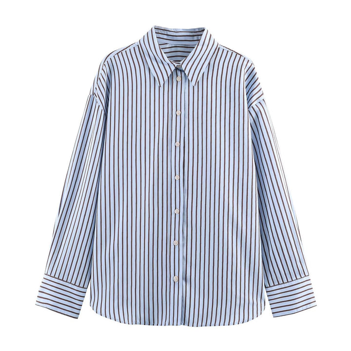 Damen Oversize Gestreifte Hemdbluse mit Kentkragen, durchgehender Knopfleiste und langen Manschetten Drune