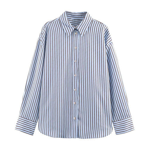 Damen Oversize Gestreifte Hemdbluse mit Kentkragen, durchgehender Knopfleiste und langen Manschetten Drune
