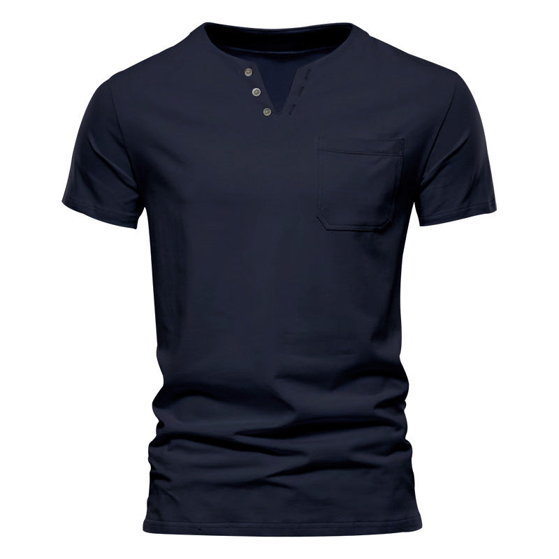 Herren nan tailliertes Kurzarm-Henleyshirt mit Brusttasche und asymmetrischer Knopfleiste Drune