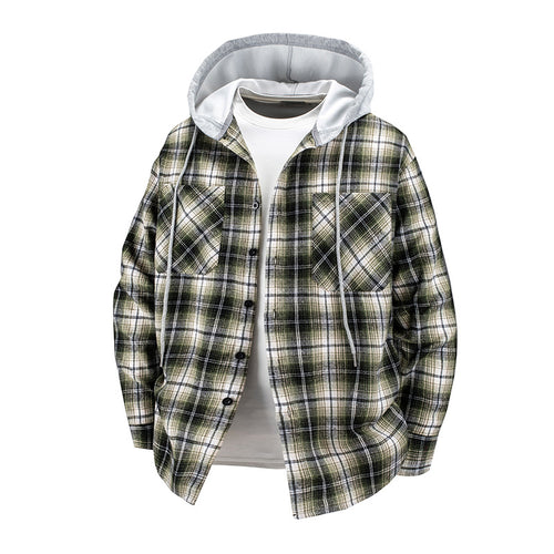 Herren -Layered-Flanell-Overshirt mit angenähter Kapuze und Brusttaschen Drune