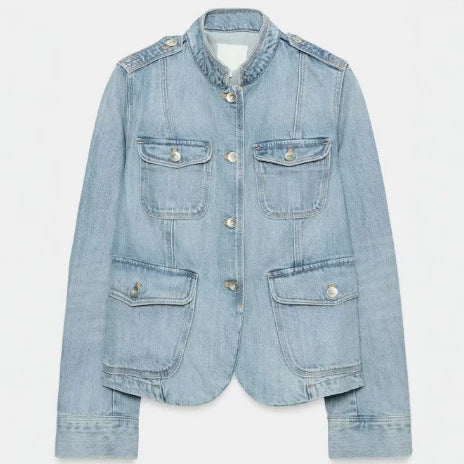 Damen Jeansjacke im Utility-Look mit Stehkragen, Pattentaschen und Schulterpatten Drune