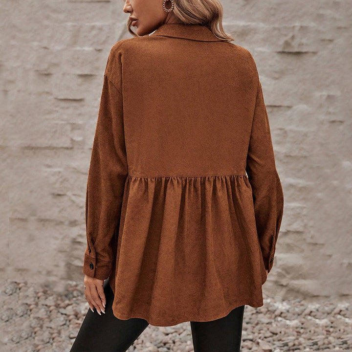Damen Cord-Peplum-Bluse mit Hemdkragen aufgesetzten Brusttaschen und durchgehender Knopfleiste Drune