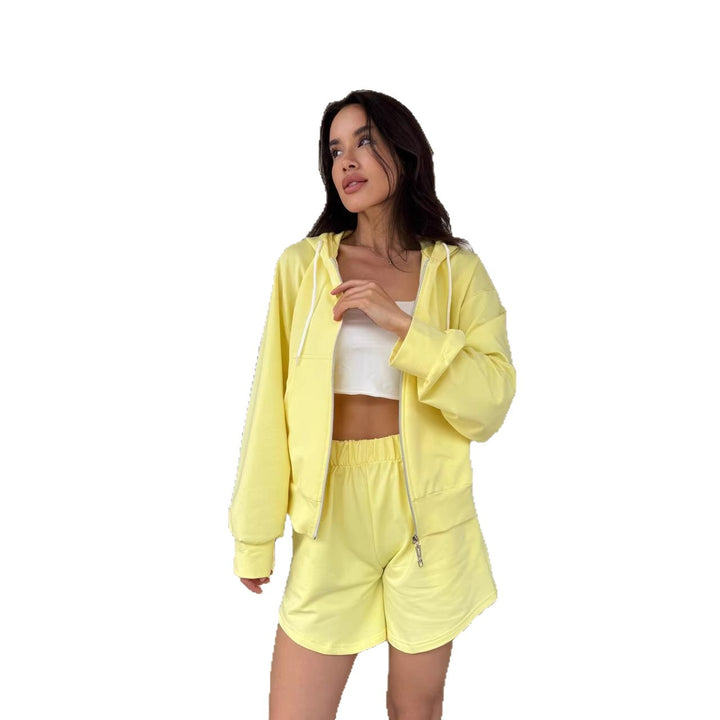Damen lässiger Zip-Hoodie und Shorts-Set Drune
