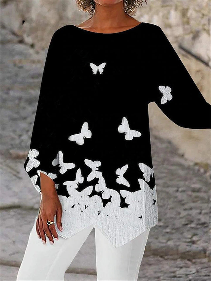Damen asymmetrisches A-Linien-Tunika mit ornamentalem Druck und spitzem Saum Drune