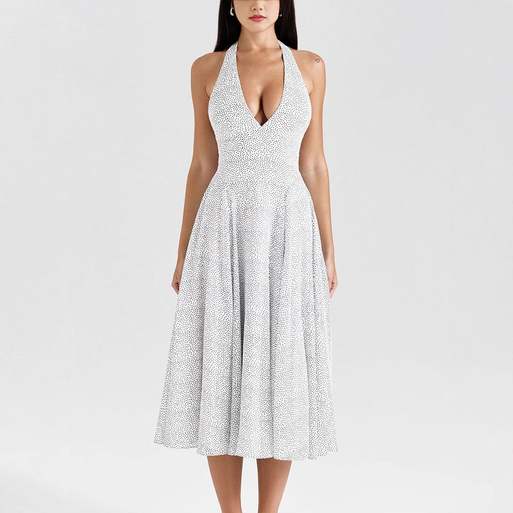 Damen Sommerliches Neckholderkleid mit tiefem V-Ausschnitt und weit schwingendem Rock Drune