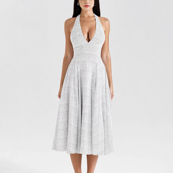 Damen Sommerliches Neckholderkleid mit tiefem V-Ausschnitt und weit schwingendem Rock Drune