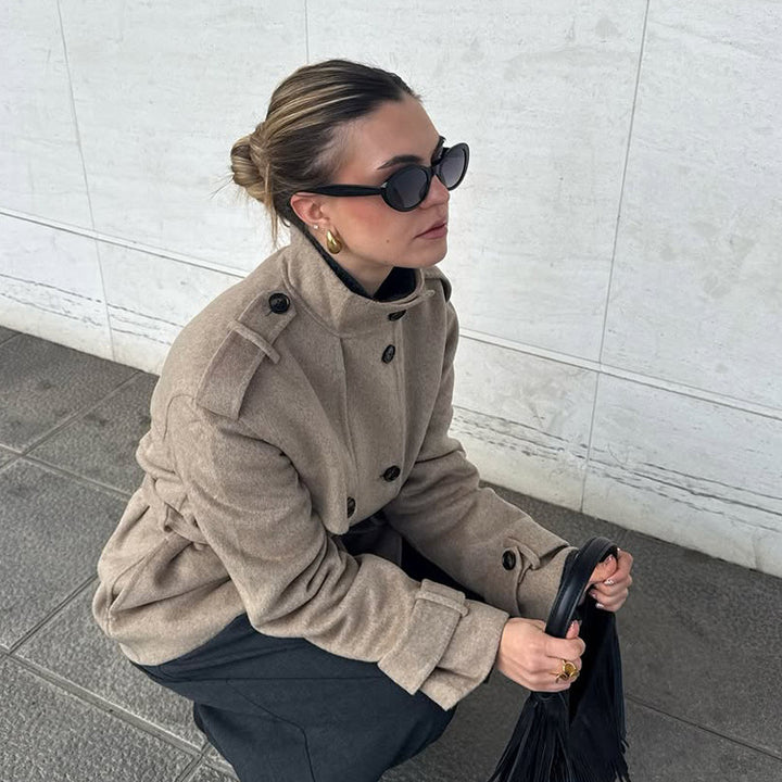 Damen Kurz-Mantel im Trench-Stil mit Bindegürtel und Stehkragen Drune