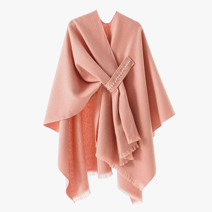 Damen Eleganter Wickel-Umhang aus Wollmischung mit Taillenschärpe und Fransensaum Drune