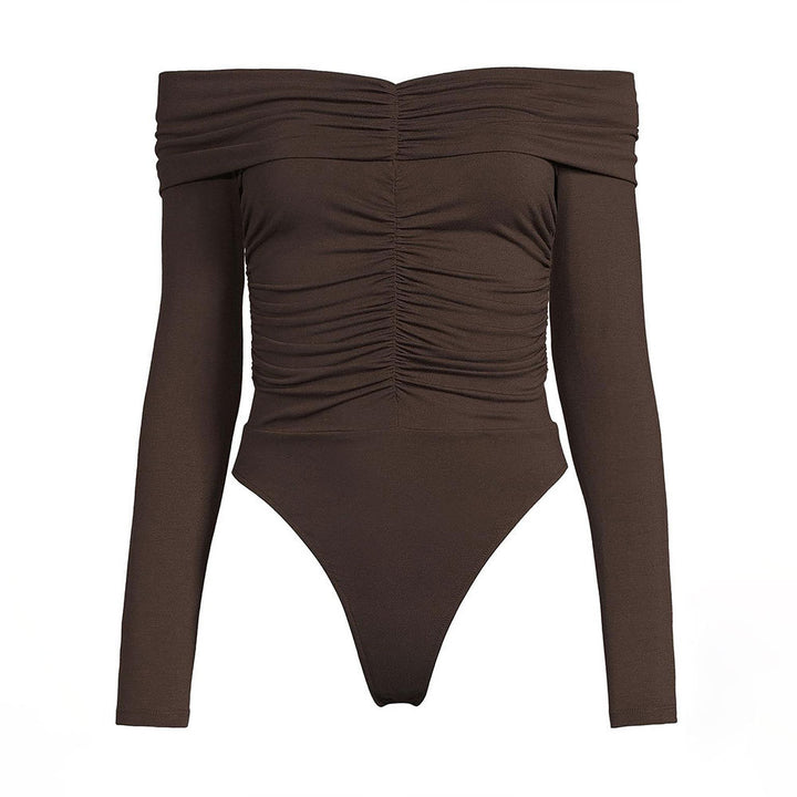 Damen gerafftes Off-Shoulder Langarmtop mit Wasserfallkragen und taillierender Sculpting-Passform Drune