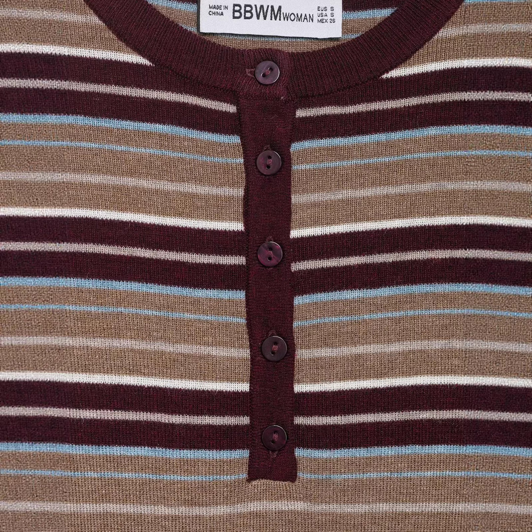 Damen Gestreiftes Feinstrick-Henleyshirt mit Knopfleiste und schlanker Passform Drune