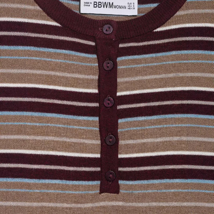 Damen Gestreiftes Feinstrick-Henleyshirt mit Knopfleiste und schlanker Passform Drune