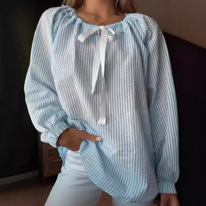 Damen Bluse mit elastischem Ausschnitt und Schleifenbindung Drune