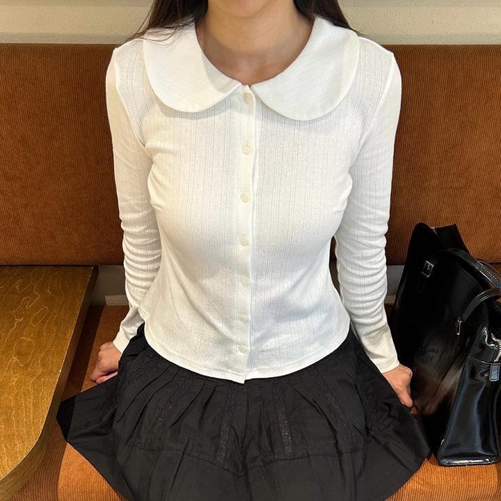 Damen Langarm-Crop-Top mit stilvollem Kragen und Knopfleiste Drune