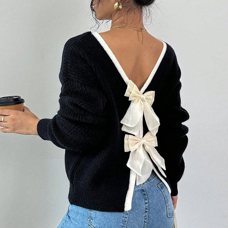 Damen Strickpullover mit V-Ausschnitt und dekorativen Schleifen Drune