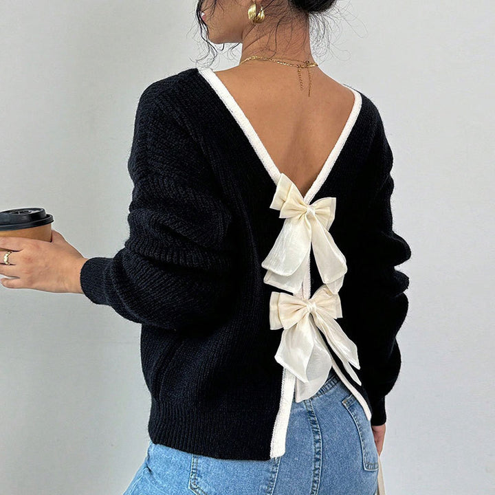 Damen Strickpullover mit V-Ausschnitt und dekorativen Schleifen Drune