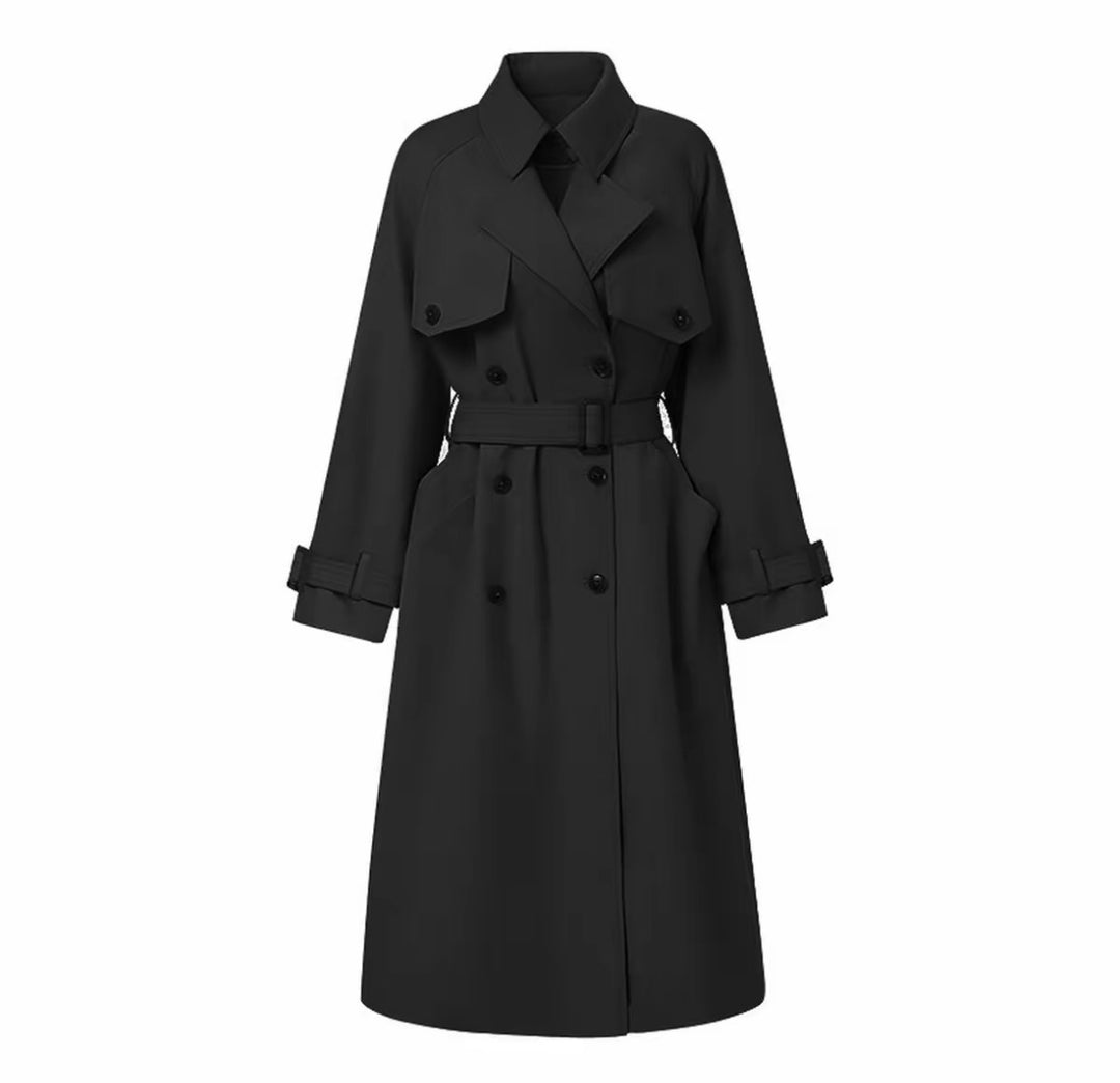 Damen Eleganter Midi-Trenchcoat mit Oversize-Schulterklappe, gerafften Ärmeln und taillierendem Bindegürtel Drune