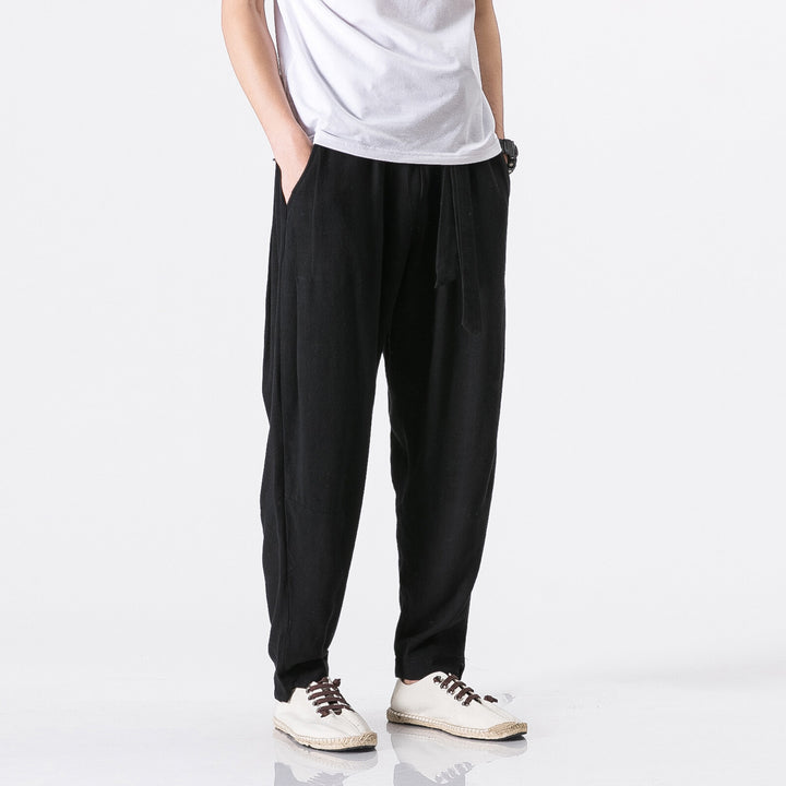 Herren nan entspannte Leinen-Baumwoll Harem-Joggerhose mit verdecktem Tunnelzug und tapered Bein Drune