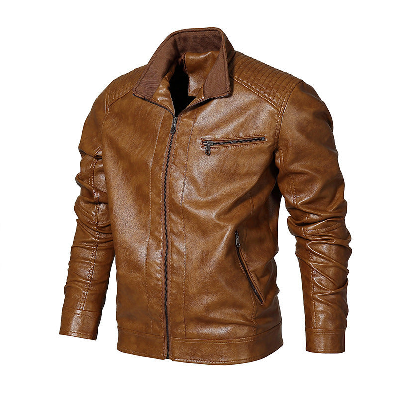 Herren Slim-Fit Motorradblouson aus Lederimitat mit Stehkragen und Reißverschlusstaschen Drune