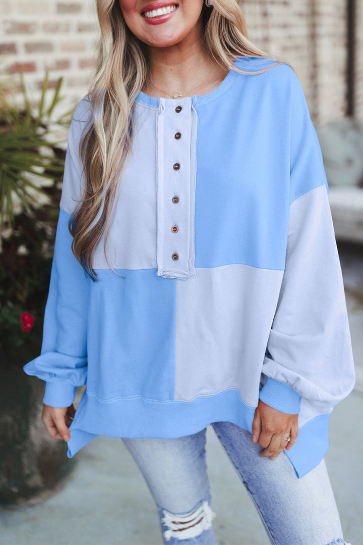 Damen Oversize-Colorblock Sweatshirt mit Henley-Knopfleiste, Ballonärmeln und geripptem Saum Drune