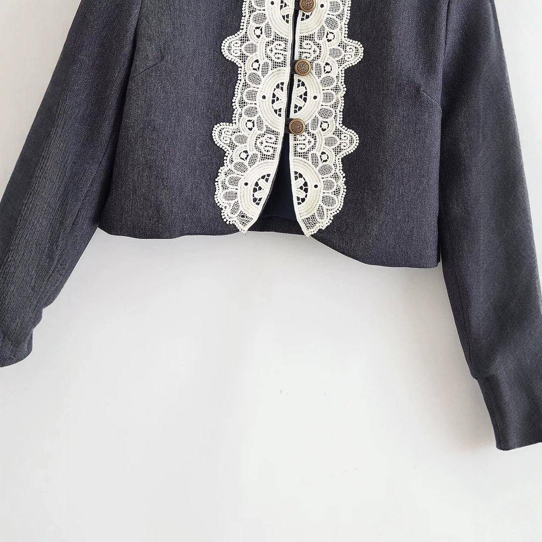 Damen Cropped‑Blazer im Bolero‑Stil mit Spitzenbordüre und Zierknöpfen Drune