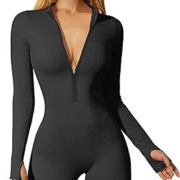 Damen nan figurbetonter Ripp-Jumpsuit mit hohem Halsausschnitt, langem Arm und sculptender Nahtführung Drune