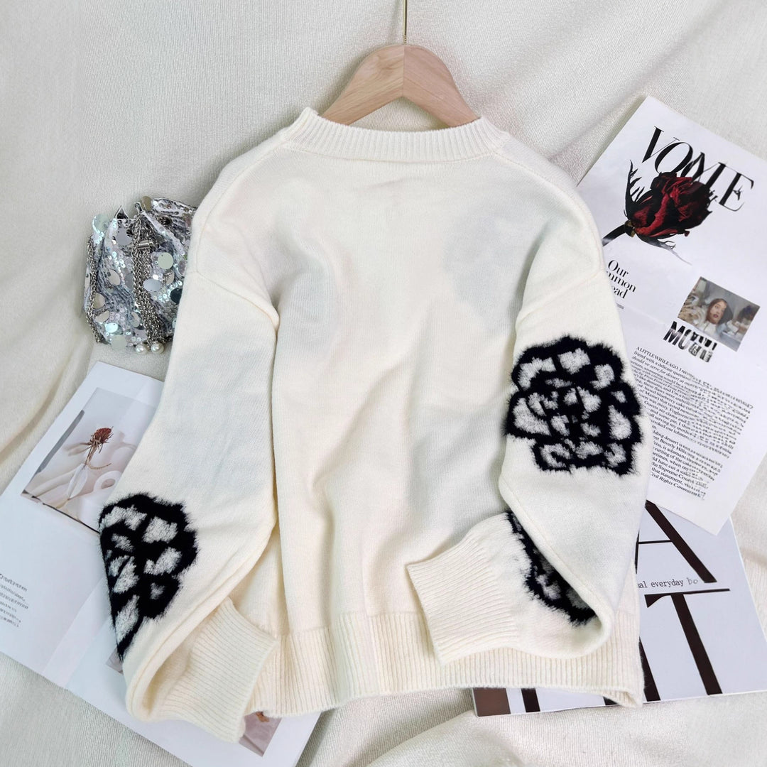 Damen modischer Pullover mit kunstvollen Blumenapplikationen und Perlenverzierungen Drune