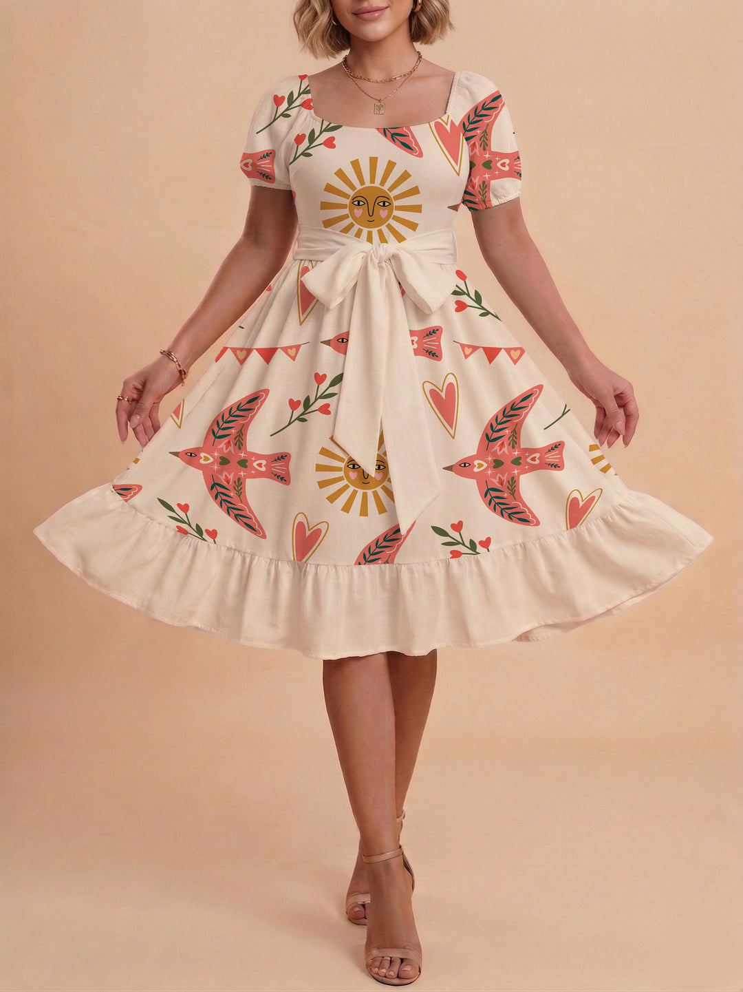Damen Sommerliches Blumenkleid mit taillierbarem Gürtel und voluminösen Ärmeln Drune