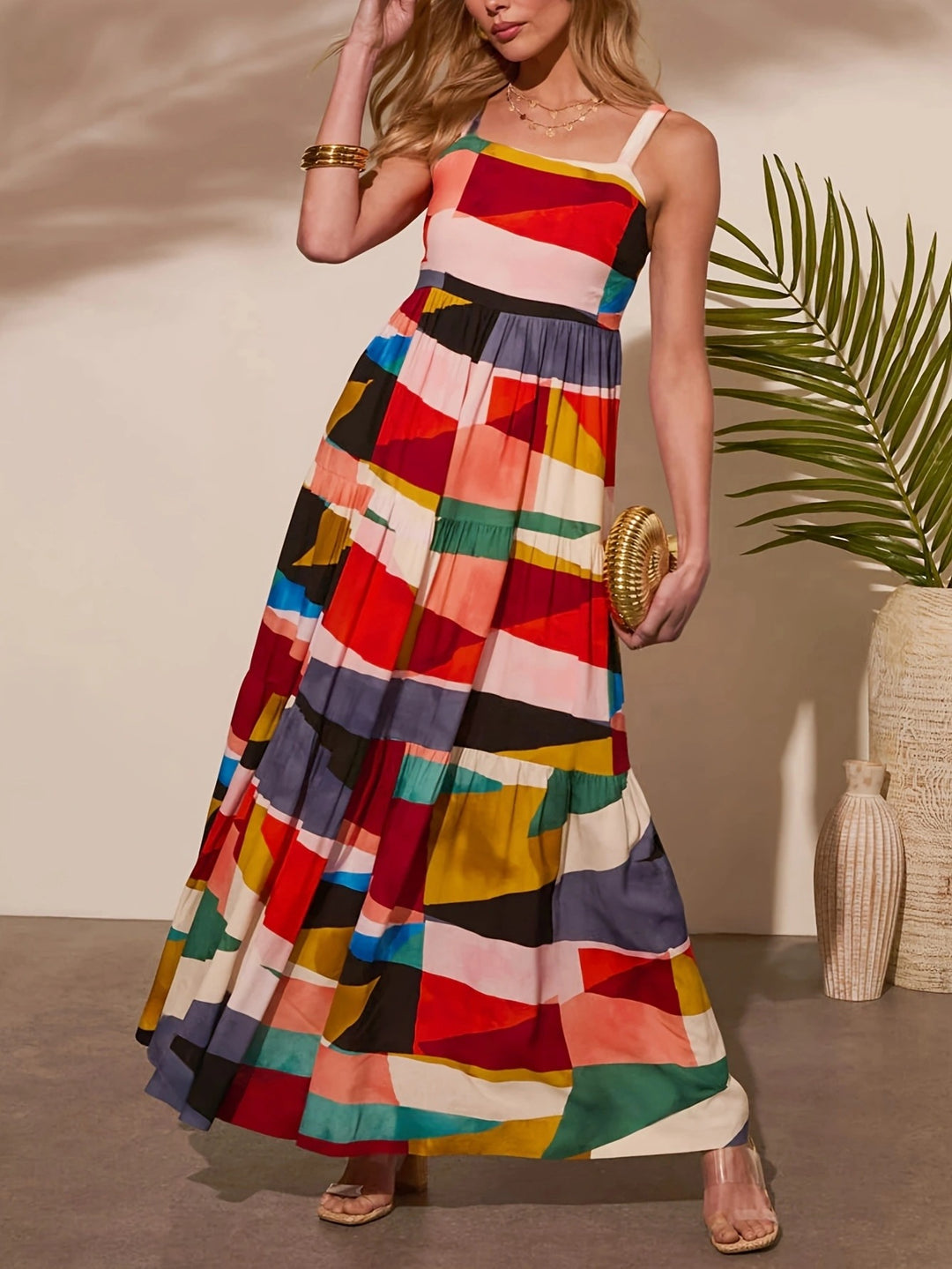Damen Maxikleid mit buntem geometrischem Muster Drune
