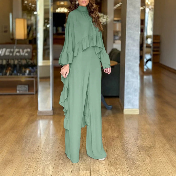 Damen Eleganter Overall mit Cape-Volant und weitem Palazzohosenbein Drune