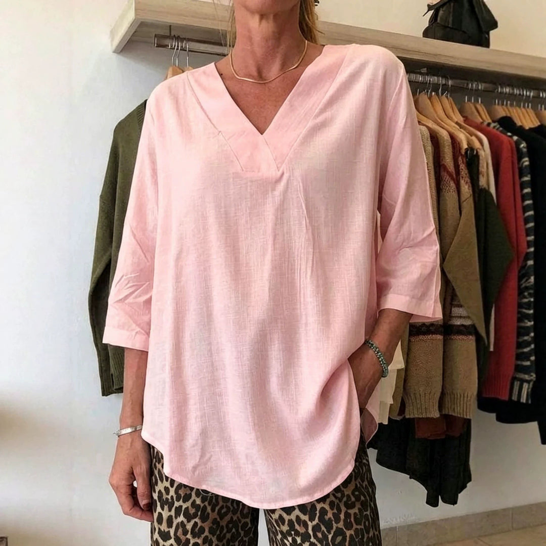 Damen Leichte Oversize V-Ausschnitt Tunika in Leinenoptik mit dreiviertel Ärmeln und abgerundetem Saum Drune