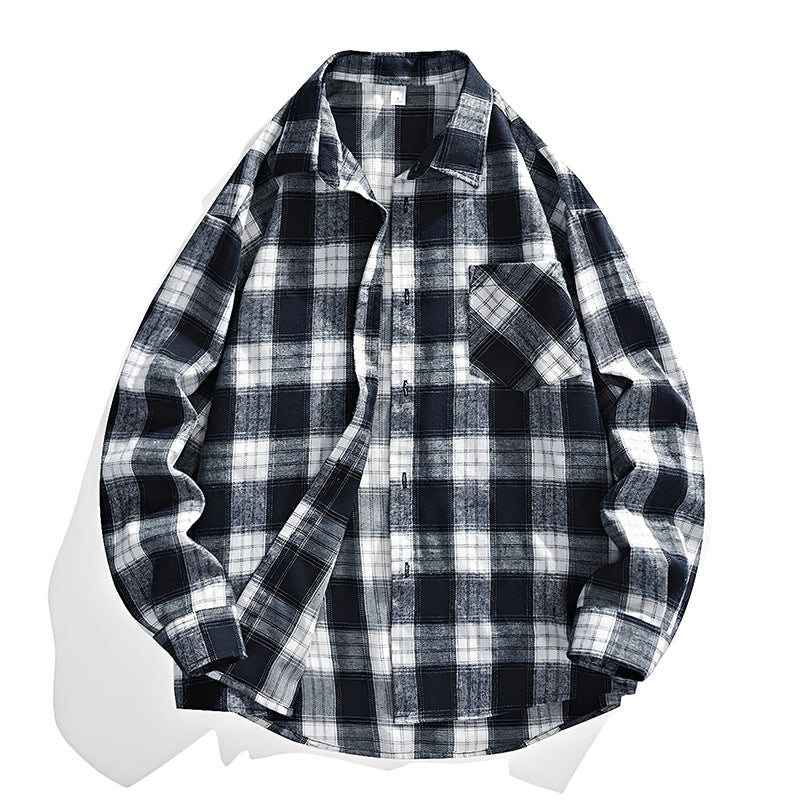 Herren Oversize karierte Flanellhemdjacke mit Brusttasche & abgerundetem Saum Drune